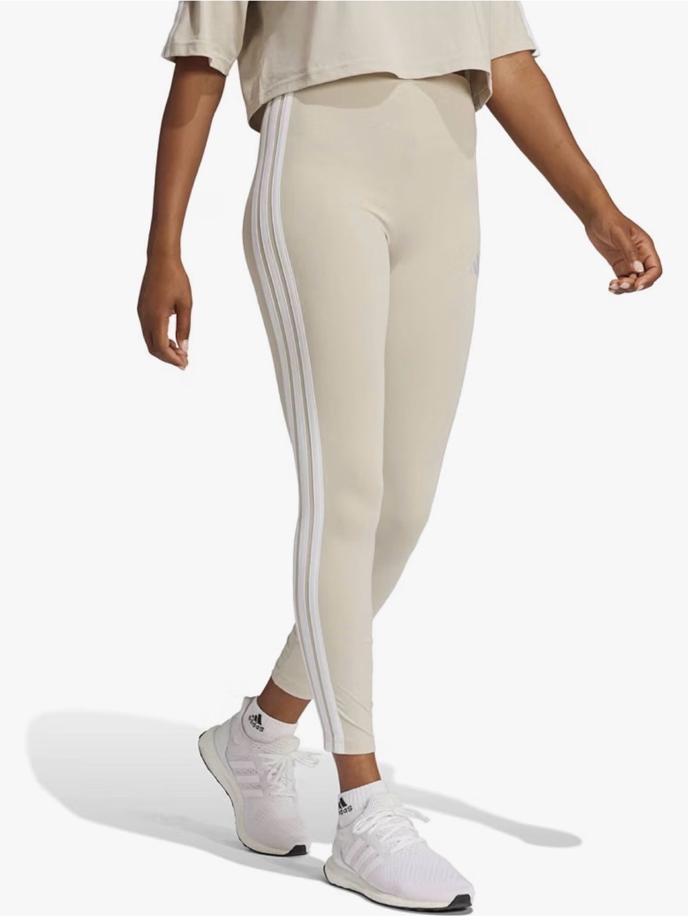NWT Adidas Beige Leggings Track Pants with 3 White Side Stripes